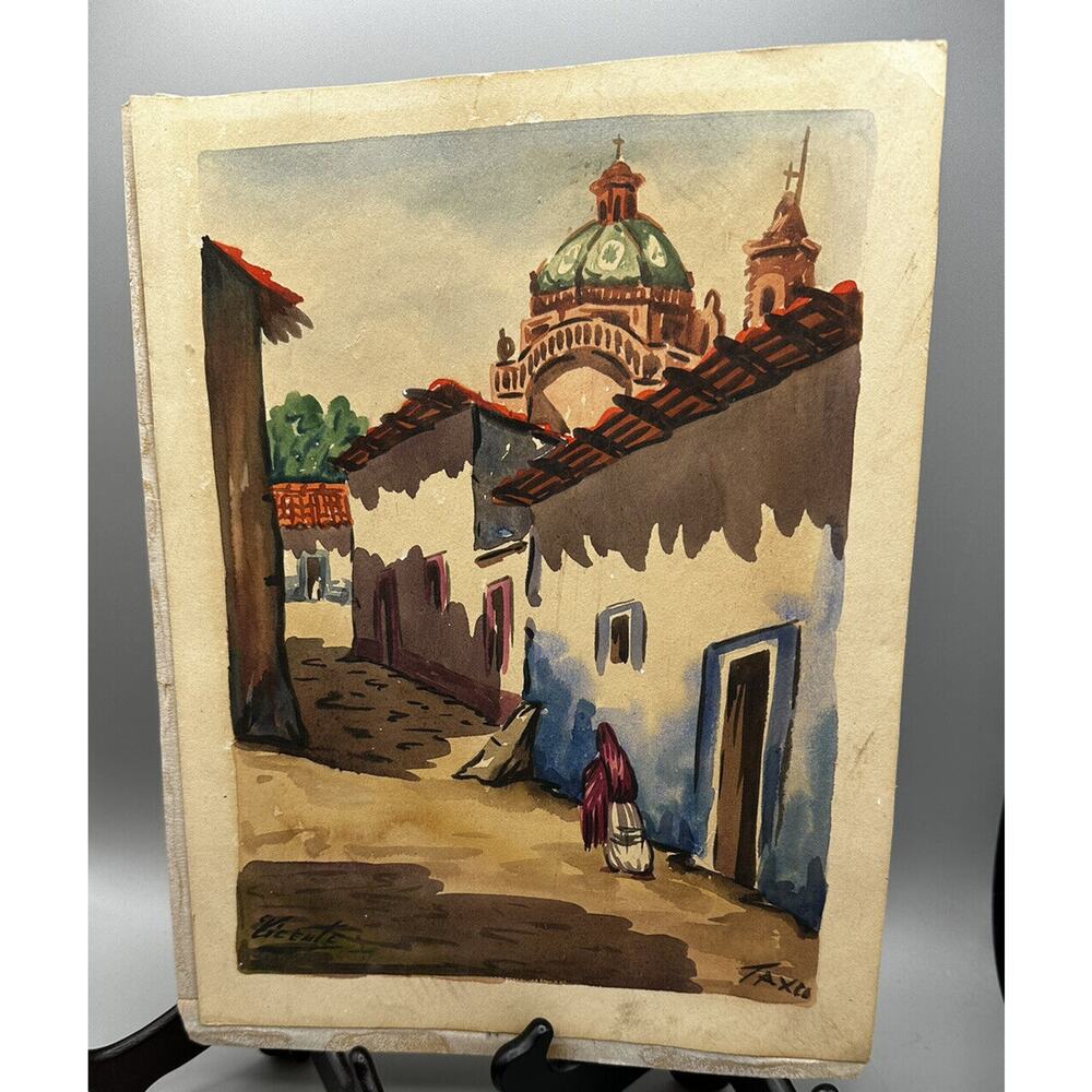 Art Taxco Mexico Vicente Watercolor Original Woman Walking MultiColored 13 x 10